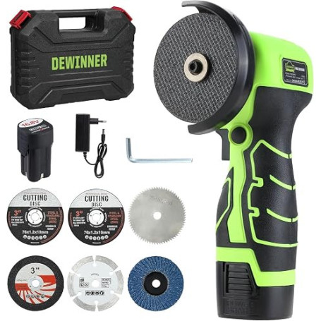 DEWINNER Meuleuse d'Angle Sans Fil 19 500 RPM - Disqueuse 76mm, 2 Batteries 2000mAh, 6 Disques de Coupe et Boîte de Transport -