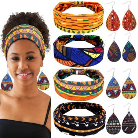 Willbond 4 Pièces Boucles d'Oreilles Africaines et Bandeaux Africains | Boucles d'Oreilles de Larme en Faux Cuir, Bandes de Chev