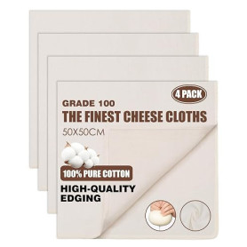 Huglux 4 PCS Etamine Alimentaire, 50 x 50 cm 100% Coton Naturel non Blanchi | Cheese Cloth Ourlé, Lavable Réutilisable Mousselin