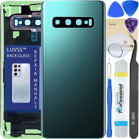 LUVSS Vitre Arrière pour Samsung Galaxy S10 SM-G973F/DS Vert Coque Cache Batterie avec Lentille de Caméra, Adhésifs, Kit Outils,