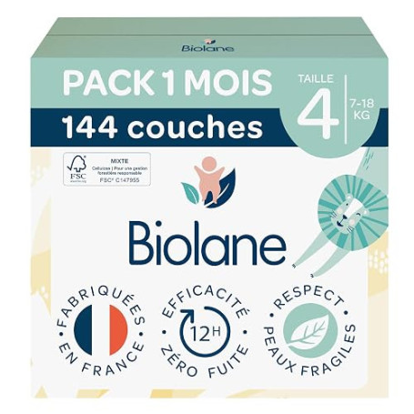 BIOLANE - Couches Bébé Taille 4 (7-18 kg) - Pack 1 Mois - 144 Couches | Peaux Sensibles, Ultra-Absorbant, Jusqu'à 12h au Sec, Pa