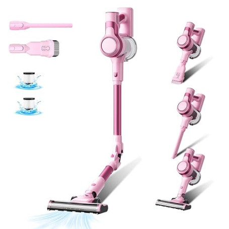Stanew Aspirateur Balai sans Fil, Rose | 33Kpa Puissant, 320W Moteur sans Balai, Pliable à 180°, 40Min Autonomie, Filtration HEP