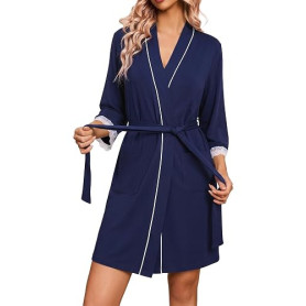 Ocextami Robe de Chambre Femme Coton Manches 3/4 avec Dentelle Peignoir Court Col en V avec Ceinture et Poches Vêtements de Nuit