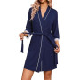 Ocextami Robe de Chambre Femme Coton Manches 3/4 avec Dentelle Peignoir Court Col en V avec Ceinture et Poches Vêtements de Nuit