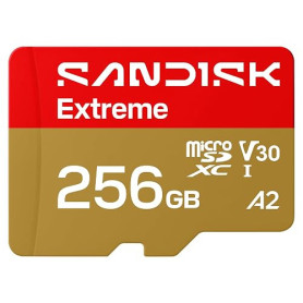 SANDISK Extreme Carte microSDHC UHS-I + SD Adapter, 256 Go (Jusqu’à 245 Mo/s en Lecture et 170 Mo/s en écriture, vidéo 5K, C10,