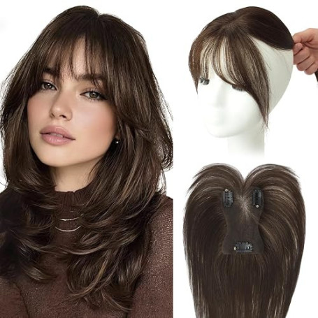 WORLDSTAR Postiche Cheveux Naturel,Frange Française à Clips,15g,10Pouces | Base 2.8×4.5 Pouces,Frange Naturelle Marron Foncé Ave