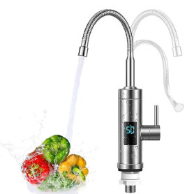 Robinet avec Chauffe-eau Instantané, 3000W Inoxydable Chauffe-eau Electrique, 360° Affichage de la Température LED, Chauffe-eau