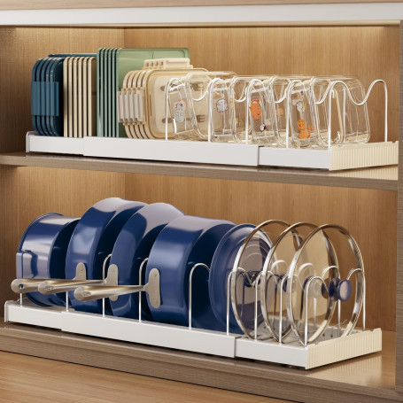 Magheo 2 Pièces Rangement Casserole Cuisine, Extensible Range Couvercle avec 9 Séparateurs Réglables, 32-57CM Porte Support Couv