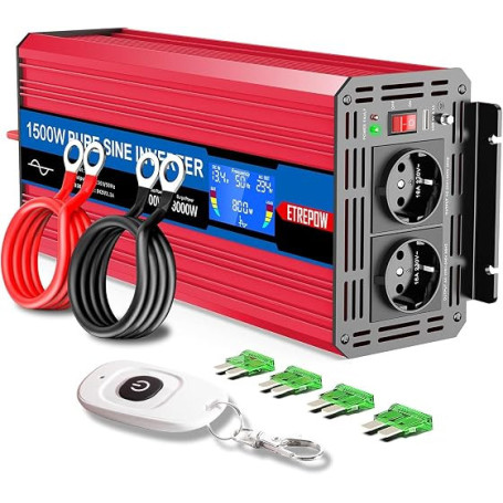 ETREPOW 1500w Convertisseur Pur Sinus 12v 220v Onduleur Transformateur | 2 Prise EU de Courant Alternatif,1 Port USB,télécommand