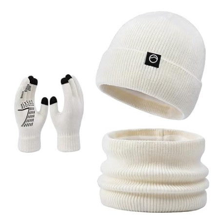 Set Bonnet Écharpe Moufles Unisexe Hiver - Bonnet Thermique Décontracté, Cache-Cou Doublé Polaire et Gants Tactiles Antidérapant