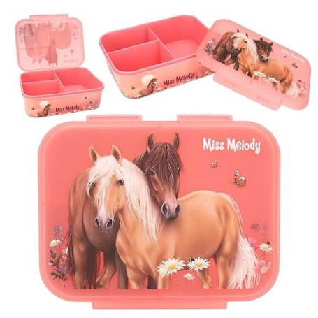Depesche 12895 Miss Melody Flowers - Boîte à goûter en Vieux Rose, avec Motif de Chevaux et de Fleurs, boîte à déjeuner avec 3 C