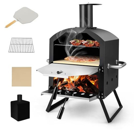 GYMAX Four à Pizza Extérieur Mini au Bois | Pierre à Pizza, Pelle à Pizza, Jambes Pliantes et Poignées Portables, Ventilateurs A
