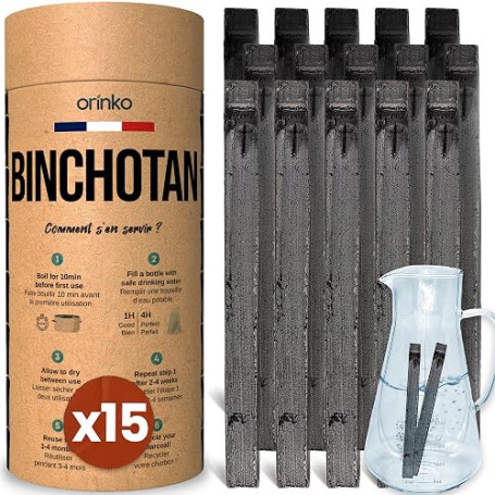 ORINKO Binchotan Charbon Actif Eau x15 pour Carafe, Fontaine et Gourde | Purificateur naturel, bambou Moso Takesumi authentique,