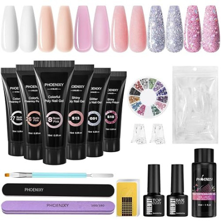 Phoenixy Kit Ongle Gel U V Complet 6 Couleurs Kit Ongle Gel Base et Top Coat Gel d'Extension pour Débutants DIY Nail Art à La Ma
