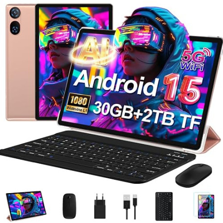 Tablette 10 Pouces Android 15 Avec 30 Go RAM + 2 To ROM Ext, Widevine L1 | FHD Tablette Tactile Avec Clavier et Souris, 8 Cœurs,