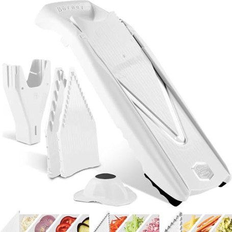 Börner V5 PowerLine Mandoline - Kit Starter - Avec 3 inserts - Blanc | Avec poussoir & boîte de rangement - 4 épaisseurs - Bâton