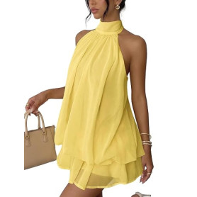 Xiaoliny Robe Femme Chic et Elegant Été Robes Courte Ample Col Halter sans Manches Sexy Mini Robe Dos Nu à Nouer Casual Robes en