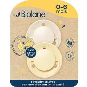 BIOLANE - Tétines rondes - Sucettes extra-fines - 0 à 6 mois - Jaune et Beige - Téterelle en caoutchouc naturel - Respect du dév