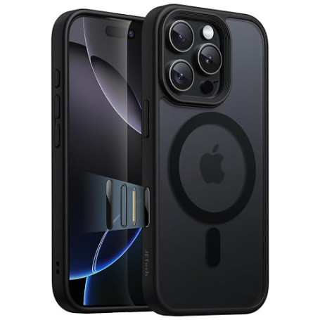 JETech Coque Mat Magnétique pour iPhone 16 Pro, Titane Noir | Compatible avec MagSafe, Bouton de Contrôle de Caméra, Dos Translu