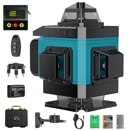 Niveau Laser Chantier Autonivelant 360° x 4, Lazer Niveaux 4D 16 Lignes Laser, Autonivellement et Mode Pulsé Extérieur, 2 x Batt