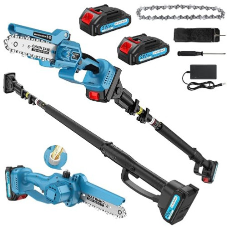 2-En-1 Tronçonneuse avec Perche Télescopique, Mini Tronçonneuse a Batterie avec Lubrification Automatique, Bandoulière Allégeant