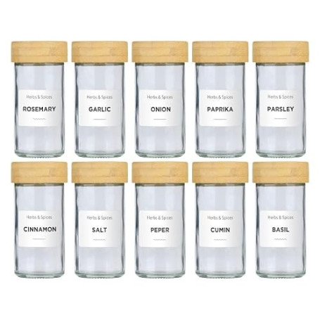 alpina Pot Epices Verre Lot de 12 - Petit Pot en Verre avec Couvercle Bambou et Doseur - Rangement Cuisine et Rangement Epices