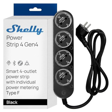 Shelly Europe Power Strip 4 Gen4 Noir - Multiprise connectée Zigbee et Matter 150 cm, Type F, 4 prises 3680 W, Protection parafo