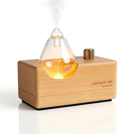 chezArtemis Waterdrop Diffuseur Huiles Essentielles sans Fil Nébulisateur | Verre transparent & bois massif, nébulisation sans p