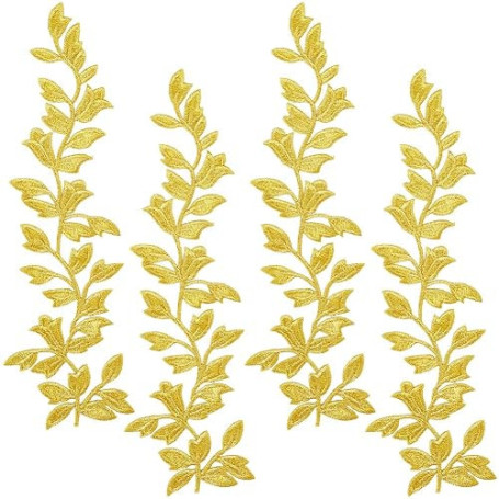 GORGECRAFT 4pcs Tissu en Dentelle de Vigne Brodé Patchs à Coudre Feuilles d'or Garniture Applique en Dentelle pour Femmes Bricol