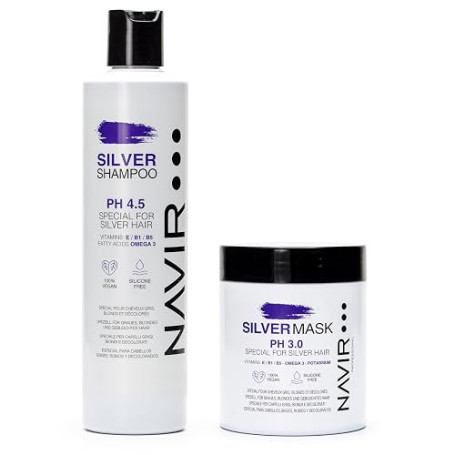 NAVIR Silver Traitement déjaunisseur professionnel pour cheveux blonds, décolorés, méchés, blancs et gris | Shampooing 300 ml +