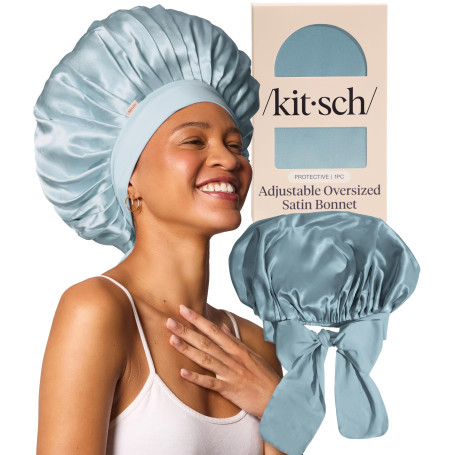Kitsch Bonnet satin XL pour cheveux, nuit, Bleu brume | Bonnet satin cheveux pour femme, ajustable, protège les cheveux