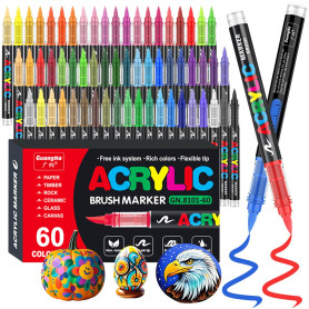 Funnasting Feutre Acrylique, 60 Couleur Stylos Acrylique, Pointe Pinceau | Marqueur Acrylique Permanent pour Coloriage, Verre, T