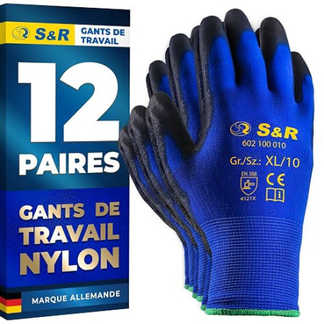 S&R Gants de Travail Homme Femme Taille 10. Gants travail fin | Lot de 12 Paires – Gants de Jardinage Homme. Gant Manutention Me