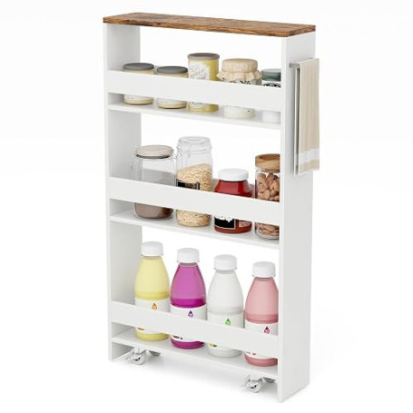 COSTWAY Chariot de Rangement Roulant 13 cm, Petit Espace, Blanc + Indstriel | Desserte de Cuisine Etroit à 4 Niveaux avec Poigné