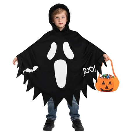 Costume fantôme pour enfants Glow in The Dark, costume d'Halloween pour enfants Cape fantôme avec capuche et sac citrouille, cos