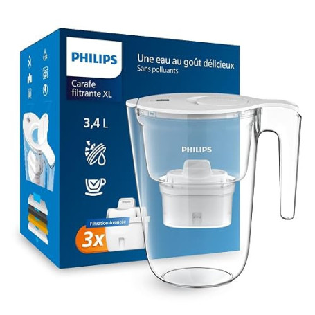 Philips Water Carafe Filtrante XL Avec 3 Cartouches de Remplacement Filtration Avancée, Minuterie Électronique, Débit Rapide, Bl
