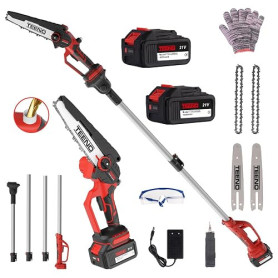 TEENO Tronçonneuse électrique 2-en-1丨Avec rallonge télescopique détachable | Guide-chaîne 2*6 pouces丨2 batteries 4 Ah丨2 chaînes丨