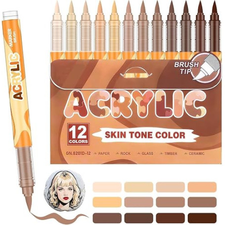 12 Feutre Acrylique Brush Marker – Set de 12 Marqueurs de Peinture Acrylique Skin Tone Color Series , Pointe Brush 0.5~5MM Pince