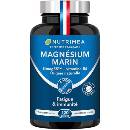 Magnésium Marin + Vitamine B6 | Breveté Simag55™ | 150 mg/jour | Origine 100% Naturelle | Combat Efficacement la Fatigue | 120 G