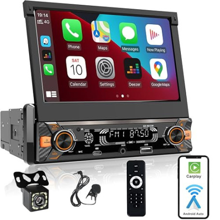 Alondy Autoradio 1 Din avec écran tactile (7" Motorisé Rétractable) Compatible avec [wireless] Apple CarPlay/Android Auto Blueto