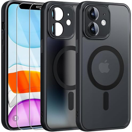 FLLAO Magnétique Coque pour iPhone 11 avec 2 Verre Trempé, Compatible avec MagSafe, Protection d'objectif Tout Compris, Etui Tra