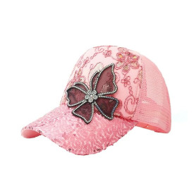 Casquette de baseball pour femme avec strass et paillettes - Chapeau d'été en maille avec papillon et dentelle florale