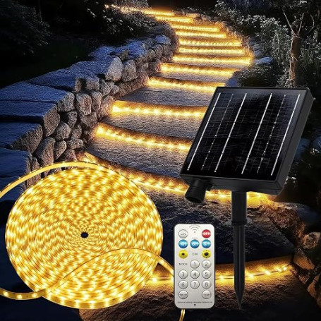 ezmyma Ruban LED Solaire d'extérieur 20M Blanc Chaud | Flexible, étanche IP65, 8 modes d'éclairage, idéal pour jardin, terrasse,