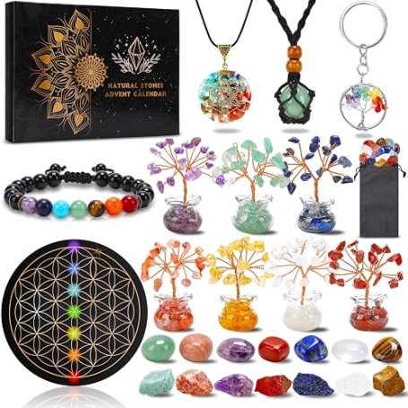 Echehi Calendrier De l'Avent 2026, Avec 7 Arbres De Cristal Chakras, 14 Pierres Naturelles Et 3 Accessoires Chakras, Calendrier