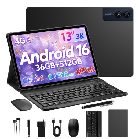 VELVDIVA Tablette 13 Pouces Android 16, Octa-Core 2.2GHz, 36Go RAM + 512Go ROM (2 to SD), 4G LTE + 5G WiFi, Écran,2944 * 1840, W