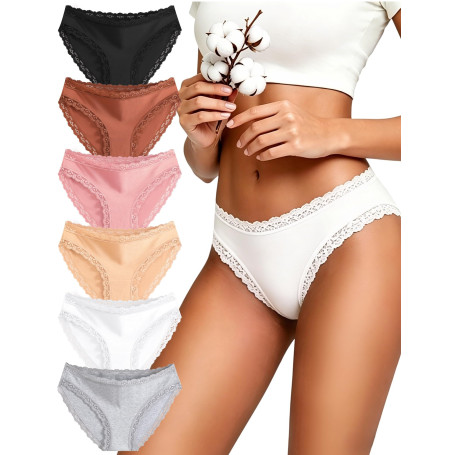 Sth Big Culotte Femme Coton avec Dentelle Slip Confort Lot de 6 | Lingerie Femme Dentelle,Slip Femme Coton,Sous Vêtements Femme 