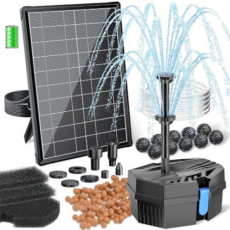 Biling 8W Filtre de Bassin Solaire avec Batterie et 10 Buses, Pompe Solaire Silencieuse pour Eau Claire jusqu'à 500L, Fontaine d