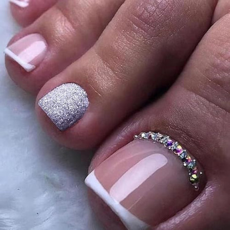 Viugex 24 Pièces Rose Nude Faux Ongles Pieds Court Carré, Français Strass Pailletés Faux Ongles D'orteil à Coller, Pleine Couver