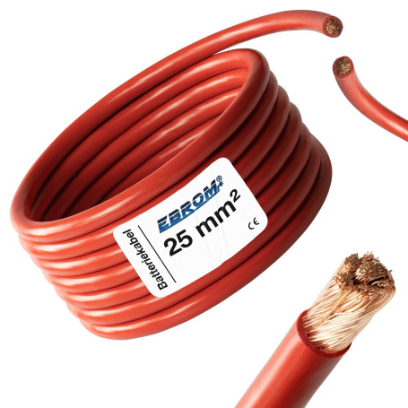 EBROM Câble batterie 5 mètres ROUGE H07V-K 25 mm² - câble batterie véhicule - 100% cuivre OFC - 5 m (5M) 25mm2