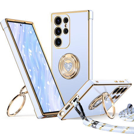XYZ Coque pour Samsung Galaxy S25 Ultra avec Cordon, Bleu | Double Anneau de Support Cœur, pour Filles et Femmes, Coque de Prote